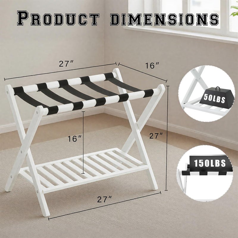 GAOHAPY Bamboo Luggage Rack with Shoe Shelf Folding Suitcase Stand with 5 Heavy-Duty Straps for Guest Room Living Room Hotel Ideal Luggage Holder for Suitcases Bags Shoes,White - Image 4